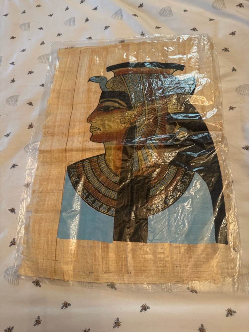Rare Authentic Papyrus  Portrait in Black & Gold Egyptian Profile Painting